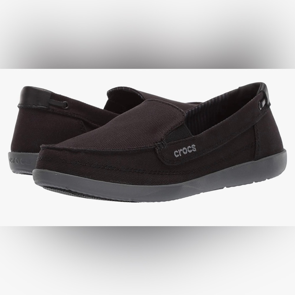 Pair of Crocs walu canvas loafers black with gray soles. 🐊 🦍